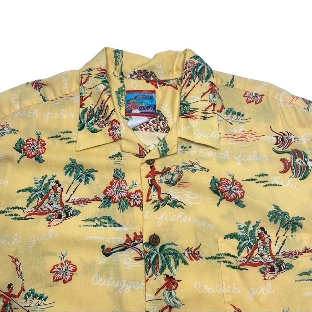 Vintage Joe Kealoha Yellow Hawaiian Shirt Tropical Fish Hula Spellout Sz XL